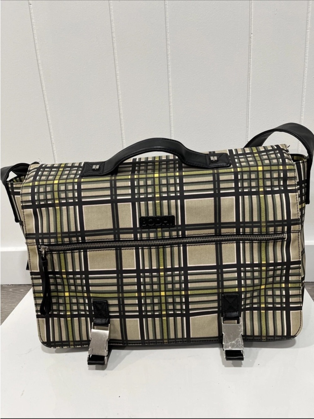 BODHI Plaid Messenger Bag Canvas Leather‎ Trim Satchel Work Laptop Chic
